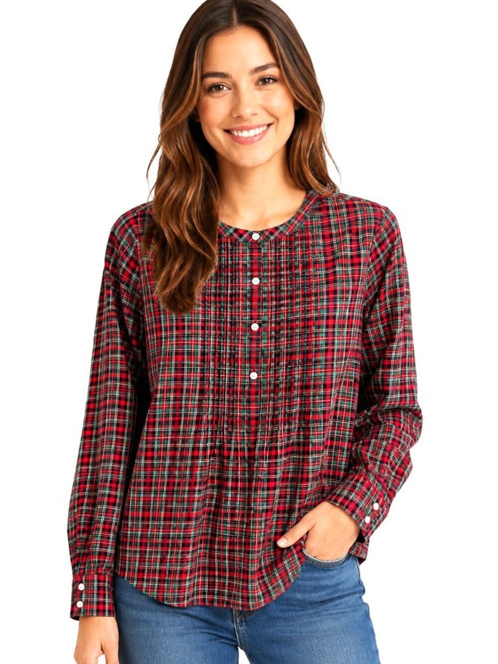 Vineyard Vines Tartan Plaid Pleat Front Cotton Cashmere Top